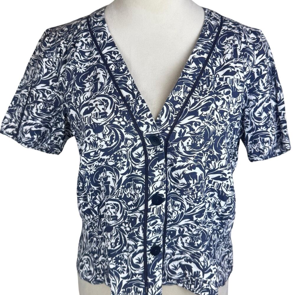 Brora 100% Linen Indigo Blue Vintage Pattern Short Sleeve Button Up V-Neck Top - Picture 4 of 12